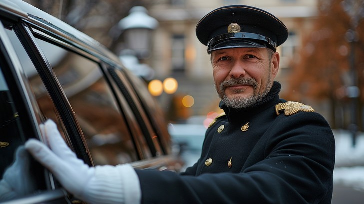 Chauffeur standing beside a luxury vehicle