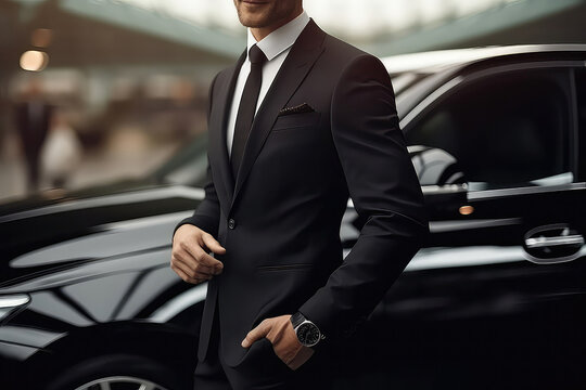 Professional chauffeur beside luxury vehicle