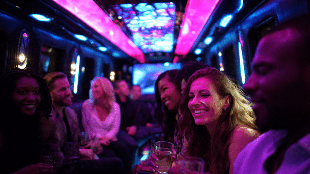 Friends enjoying a luxury party bus interior
