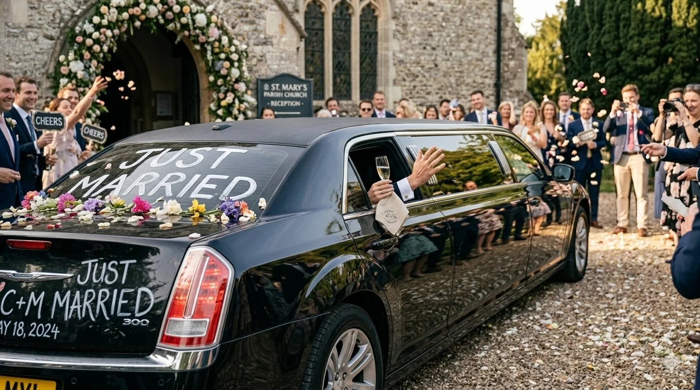 Wedding celebration with luxury limousine