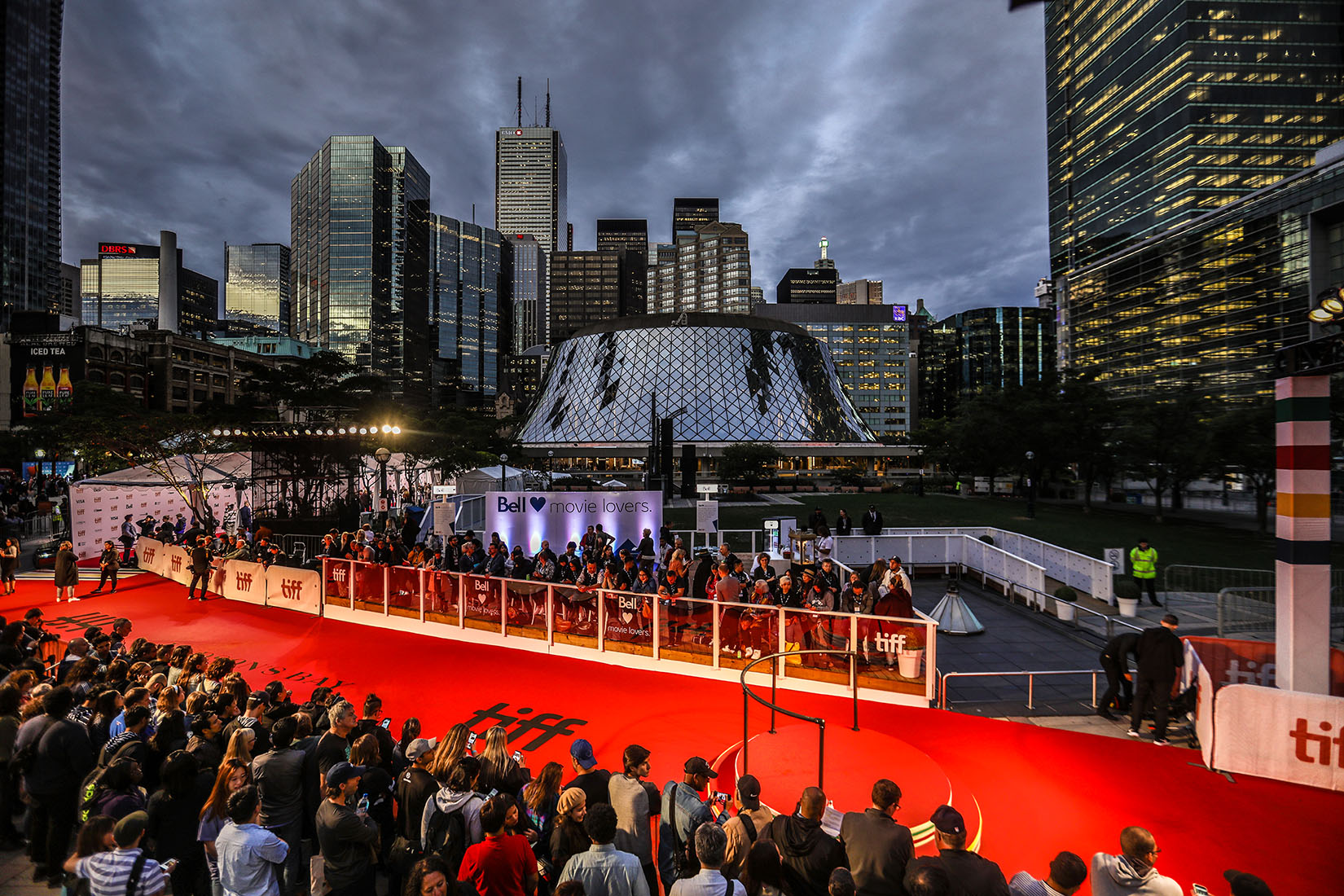 Toronto skyline and TIFF red carpet at dusk