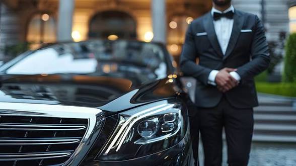 Luxury sedan and chauffeur at an upscale entrance
